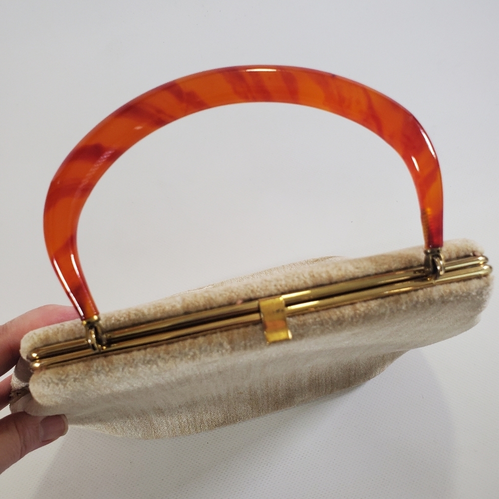 Garay Textured Handbag Bakelite Handle Cream Tan Vintage 50s 60s - Picture 6 of 13